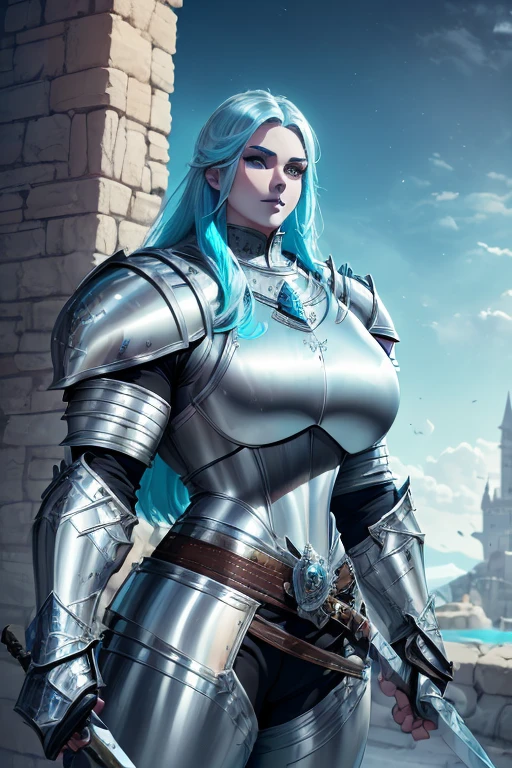 ((((Massive, tall, beautiful, buff, muscular pale white skinned female knight with cyan hair, black lipstick, ginormous bulky muscles, holding a sword and shield and wearing an all cyan gleaming knight armor with hauberk and pants)))), {close view}, black eyeliner, massive muscles, massive biceps, hyper muscle triceps, (long beachy hair), purple eyes, knight boots, In a castle, hauberk, cyan steel knight armor, armor breastplate, nighttime, confident smile, hyper muscles arms, hyper muscle legs, ginormous arms