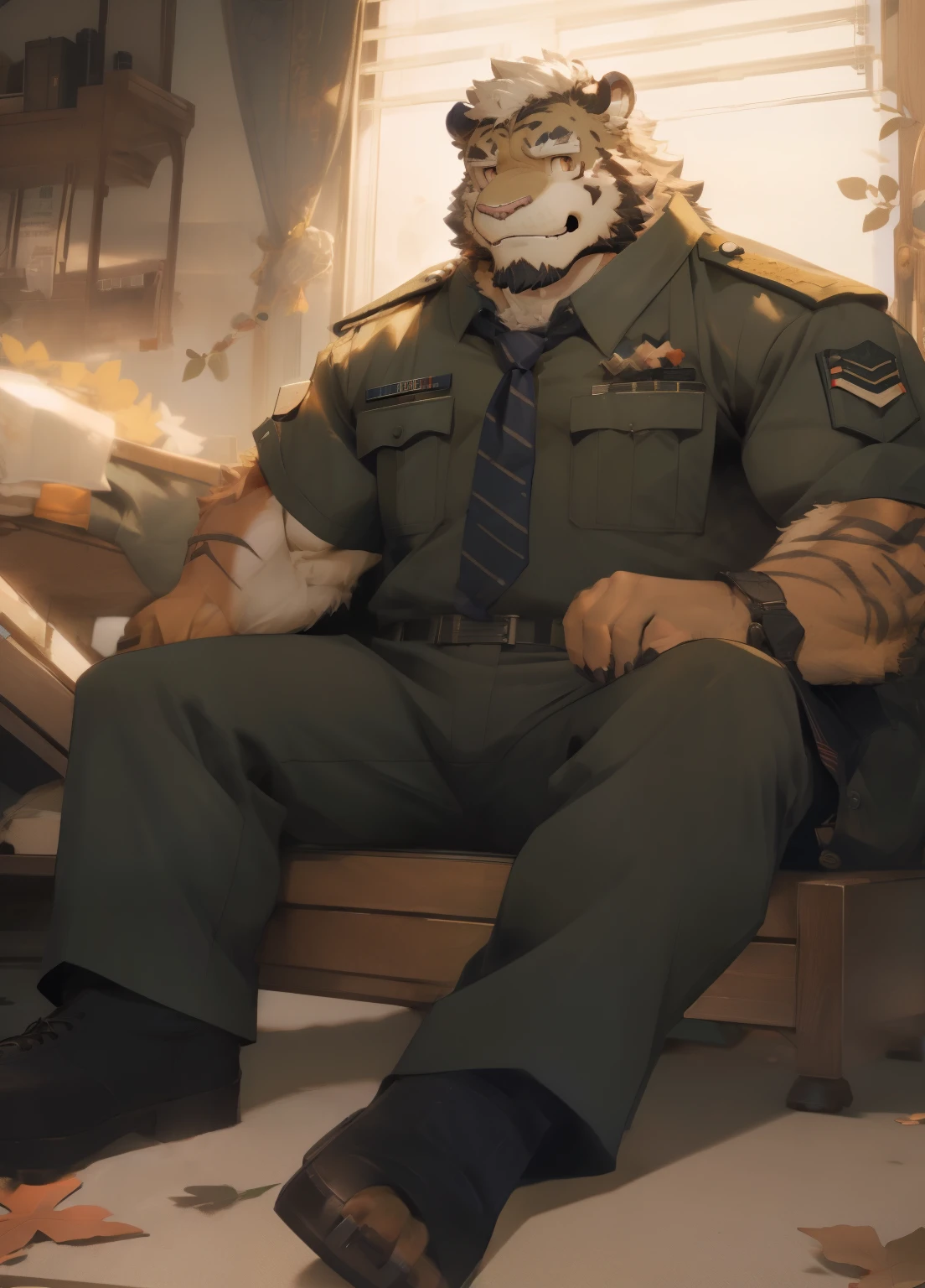 (masterpiece)，(Very detailed)，(best quality)，hairy，Tiger Orc，Fur with some golden hairs，Golden pupils，black beard，muscular，(military uniform:1.2)，((black:1.3，tie:1.4))，(((unbutton your clothes)))，(((Smile)))，（Warm and cheerful:1.1)，(In the bedroom，Fallen leaves drift in from the window，ground，躺在ground上),(Very detailed)，8K，(super high quality)