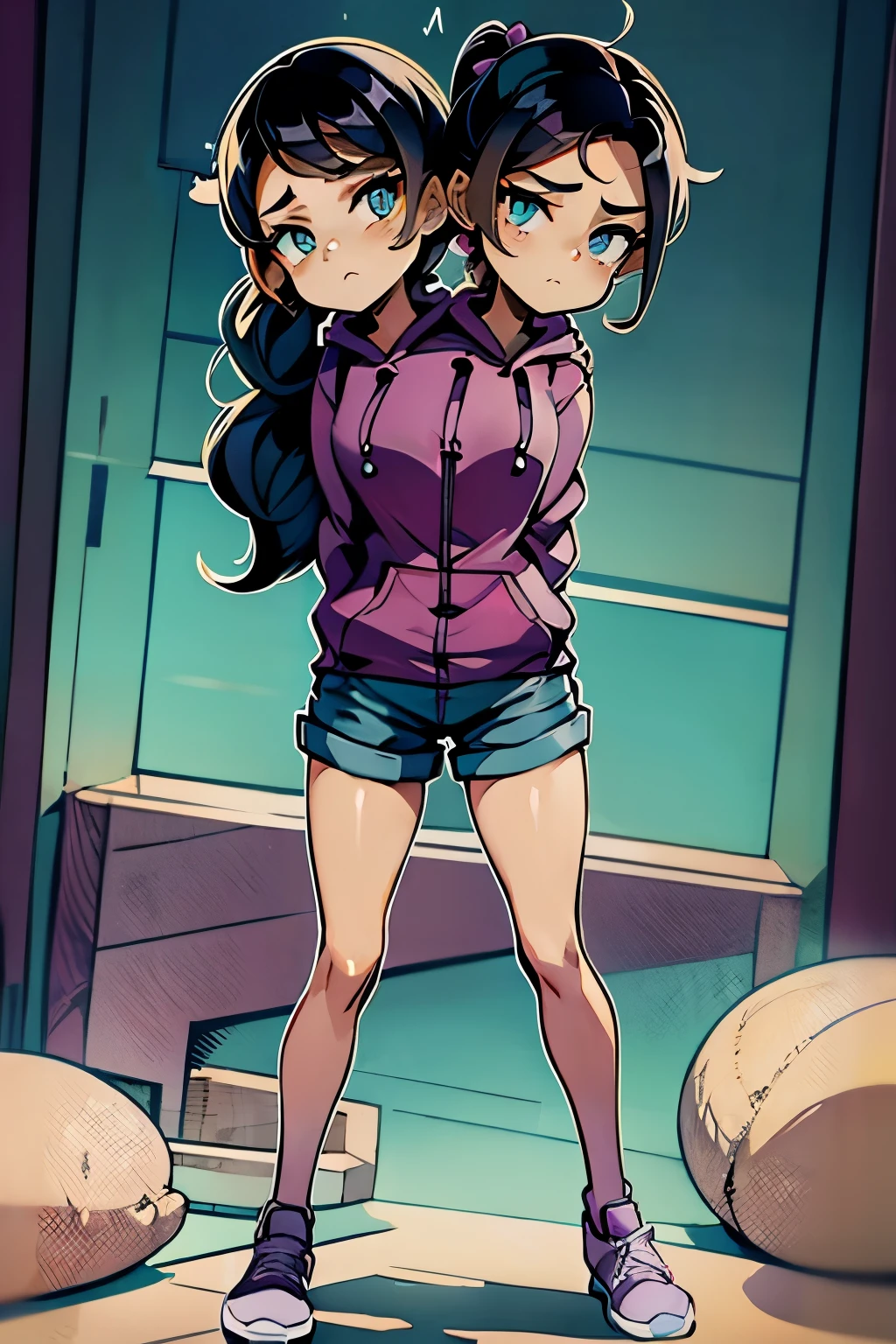 conjoined, 2heads, girl with two heads instead of one, 2head, cuerpo curvilineo, brazos curvilineos, usando shorts, ropa abrigada, piernas curvilineas, anime cartoon, using a purple hoodie, each head has a ponytail, anatomia proporcionada, torso ancho, pechos medianos
