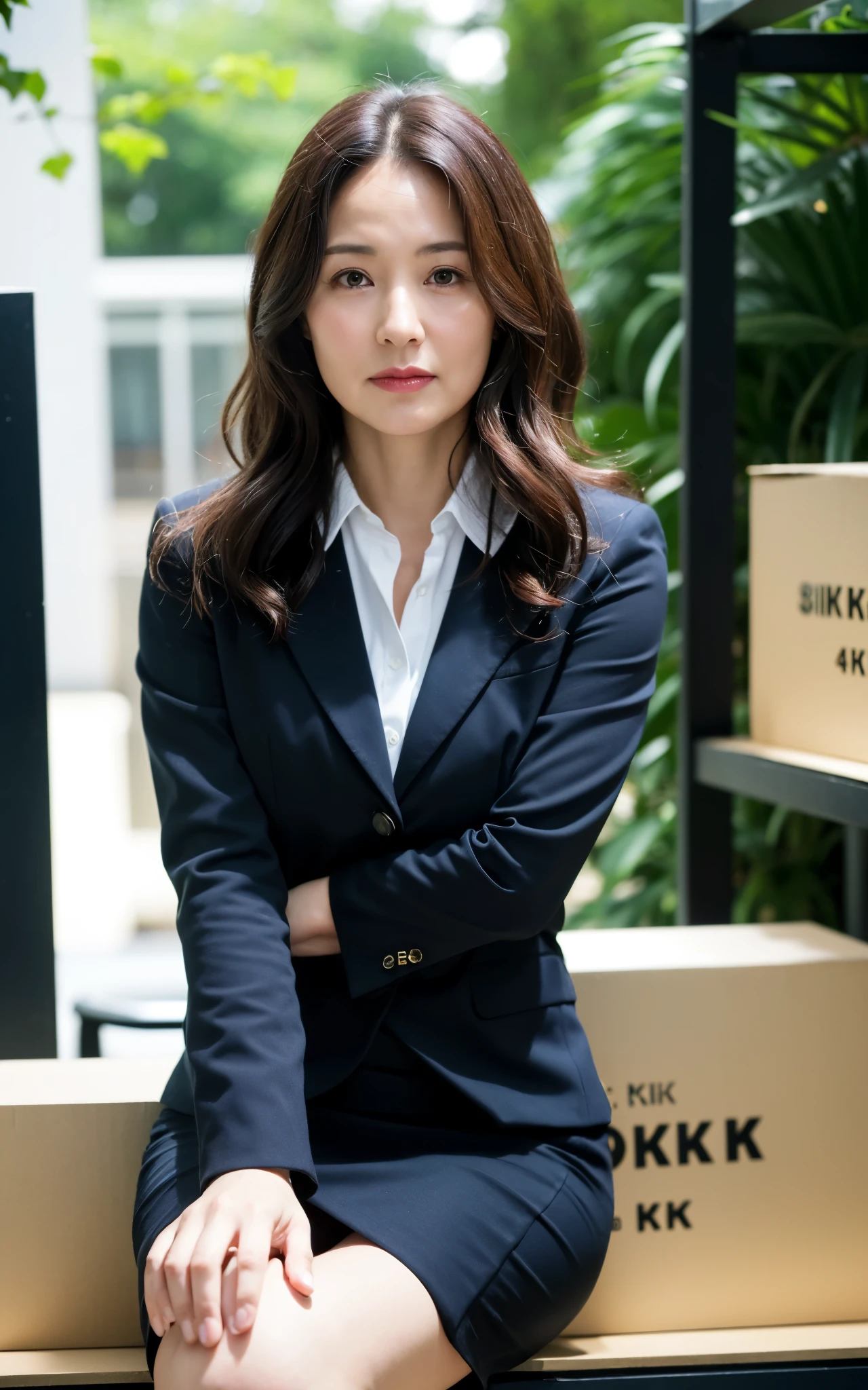 ((Best Quality, 8k, Masterpiece: 1.3)), Photorealistic, Sharp Focus, High Quality, High Definition, Portrait, Solo, Japan, Middle Aged Woman, Beauty, 43 years old, Plump, Wavy Hair, Business suit, Wrinkles at the corners of the eyes, Open legs, Narrow backyard, Lots of boxes, Lots of files, Dark background