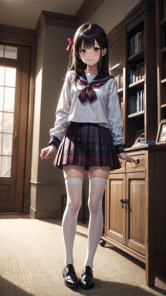 very cute and beautiful girl,(highly detailed beautiful face and eyes:1.2),(smile),(mid shot),
,long sleeve BREAK detailed legs,zettai ryouiki,
standing,stylish pose,
dynamic angle,hair ribbon,black hair,hime cut,(scarlet plaid mini skirt)
BREAK living room,flowers in vase,wooden desk,(bookshelf:0.9),jewelry box,european carpet,distant trees,
(best quality,masterpiece:1.2),(intricate details),highres,1 girl,solo,cinematic scene,hair fluttering in the wind,Sailor suit、White school costume、blush embarrassed、Crying with a smile、Tears flowing、Sparkling smile、sparkling tears、farewell、Broken Heart、sad