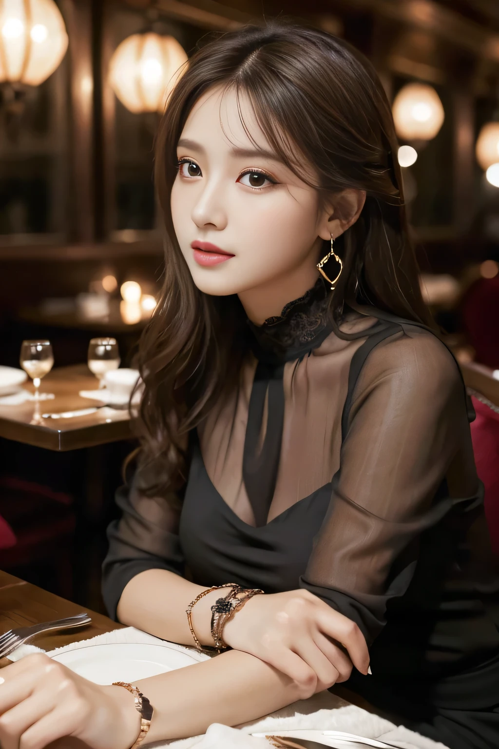 masterpiece, highest quality, Realistic, Very detailed, Finer details, High resolution, 8k wallpaper, One beautiful woman,Wear an elegant black see-through blouse, In a great restaurant, At night, Light brown messy hair, Perfect dynamic composition, Beautiful and beautiful eyes、Big earrings、Sitting in a chair、