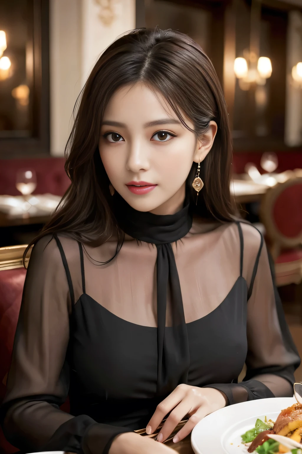masterpiece, highest quality, Realistic, Very detailed, Finer details, High resolution, 8k wallpaper, One beautiful woman,Wear an elegant black see-through blouse, In a great restaurant, At night, Light brown messy hair, Perfect dynamic composition, Beautiful and beautiful eyes、Big earrings、Sitting in a chair、