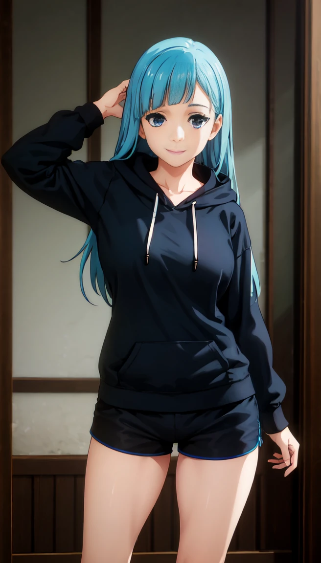 photorealistic, (4k), depth of field, (Masterpiece), (realistic skin texture), extremely detailed, intricate, hyper detailed, professional photography, bokeh, high resolution, sharp detail, best quality, girl, long hair, aqua hair, blunt bangs, blue eyes, dynamic pose, black baggy graphic hoodie, dolfine shorts, booty shorts, beautiful thighs, indoors, (facing viewer), looking at viewers, large breasts,kasumi, miwa, kasumi miwa,, mouth slightly open, smiling, hourglass shape, black hoodie, 3\4 body shot, hands in between thighs, long sleeve, leaning forward,, thick heavy hoodie, standing in bedroom, (head on shot)