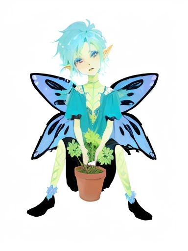 a cartoon picture of a woman with blue hair sitting on the ground, pixie character, the non-binary deity of spring, magical garden plant creatures, pixie, space flower fairy, faerie, acid pixie, plant spirit, fae teenage girl, elf with blue skin, elf girl wearing an flower suit, insect trainer girl, water fairy, blue elf, humanoid flora