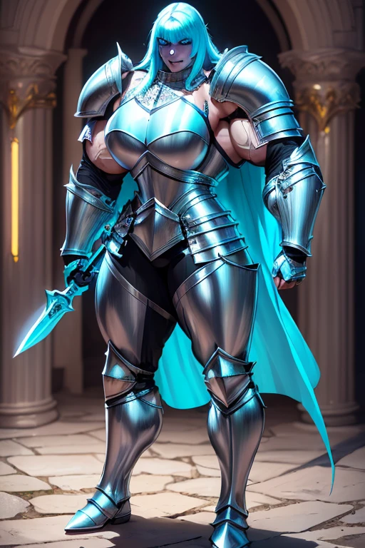 ((((Massive, tall, beautiful, buff, muscular pale white skinned female knight with cyan hair, black lipstick, ginormous bulky muscles, holding a sword and shield and wearing an all cyan gleaming knight armor with hauberk and pants)))), {close view}, black eyeliner, massive muscles, massive biceps, hyper muscle triceps, (long beachy hair), purple eyes, knight boots, In a castle, hauberk, cyan steel knight armor, armor breastplate, nighttime, confident smile, hyper muscles arms, hyper muscle legs, ginormous arms