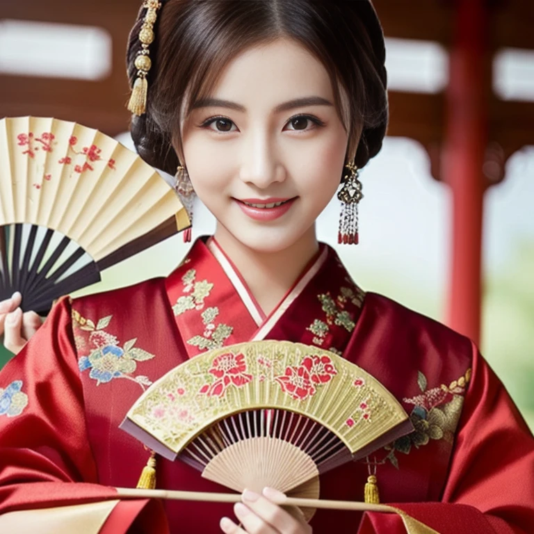 Asian woman in a red dress holding a fan, wearing a red Cheongsam, Cheongsam, Chinese style, Chinese dress, with ancient Chinese clothes, traditional chinese, traditional chinese clothing, Chinese girl, Chinese woman, สวมChinese dressโบราณ, Gorgeous Chinese model, traditional beauty, Chinese dress, with ancient Chinese aesthetics, Chinese princess, cute woman
