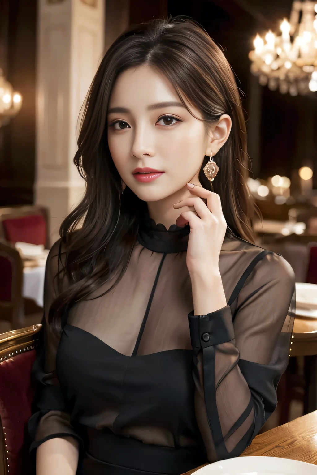 masterpiece, highest quality, Realistic, Very detailed, Finer details, High resolution, 8k wallpaper, One beautiful woman,Wear an elegant black see-through blouse, In a great restaurant, At night, Light brown messy hair, Perfect dynamic composition, Beautiful and beautiful eyes、Big earrings、Sitting in a chair、