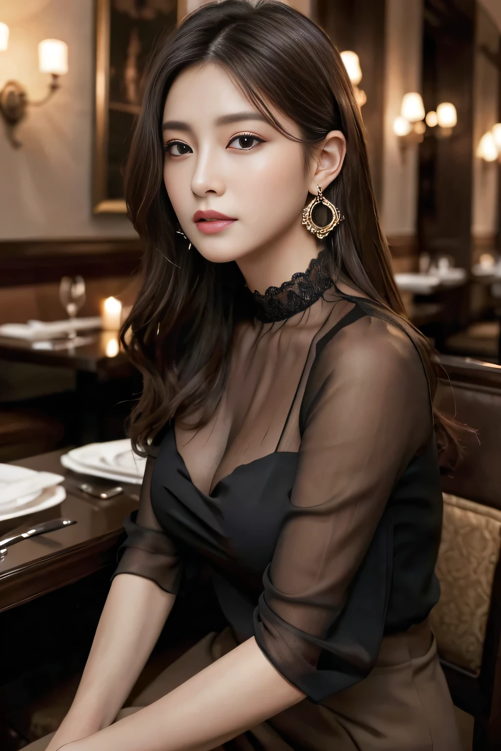 masterpiece, highest quality, Realistic, Very detailed, Finer details, High resolution, 8k wallpaper, One beautiful woman,Wear an elegant black see-through blouse, In a great restaurant, At night, Light brown messy hair, Perfect dynamic composition, Beautiful and beautiful eyes、Big earrings、Sitting in a chair、