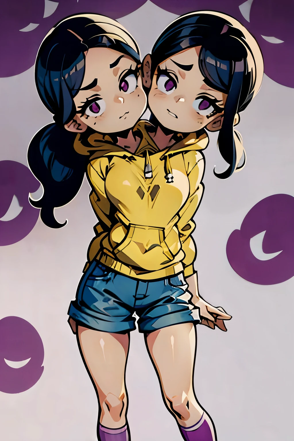 conjoined, 2heads, girl with two heads instead of one, 2head, cuerpo curvilineo, brazos curvilineos, usando shorts, ropa abrigada, piernas curvilineas, anime cartoon, using a purple hoodie, each head has a ponytail, anatomia proporcionada, torso ancho, pechos medianos