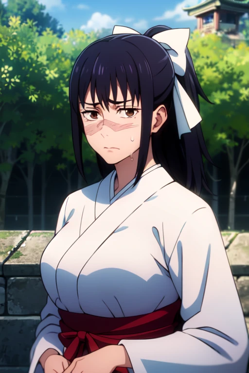(extremely detailed CG unity 8k wallpaper),(masterpiece),(best quality),(ultra-detailed),(best illustration),(best shadow),(absurdres), Iori, 1girl, solo, tanktop, brown eyes, looking at viewer, long hair, sweatdrop, closed mouth, ponytail, stone lantern, bow, kimono, black hair, hair bow, white kimono, scar, miko, upper body, white bow, blue hair, bangs, parody, ribbon, sweat, outdoors, white ribbon, sidelocks, hair ribbon, scar on face, black background,