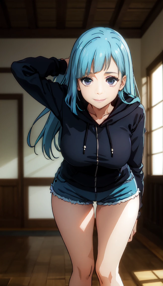 photorealistic, (4k), depth of field, (Masterpiece), (realistic skin texture), extremely detailed, intricate, hyper detailed, professional photography, bokeh, high resolution, sharp detail, best quality, girl, long hair, aqua hair, blunt bangs, blue eyes, dynamic pose, black baggy graphic hoodie, dolfine shorts, booty shorts, beautiful thighs, indoors, (facing viewer), looking at viewers, large breasts,kasumi, miwa, kasumi miwa,, mouth slightly open, smiling, hourglass shape, black hoodie, 3\4 body shot, hands in between thighs, long sleeve, leaning forward,, thick heavy hoodie, standing in bedroom, (head on shot)