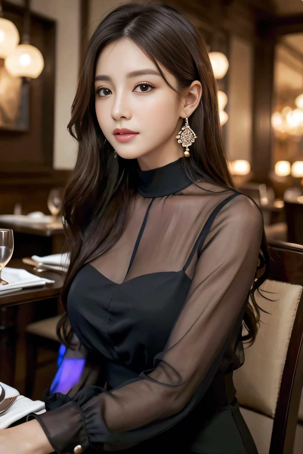 masterpiece, highest quality, Realistic, Very detailed, Finer details, High resolution, 8k wallpaper, One beautiful woman,Wear an elegant black see-through blouse, In a great restaurant, At night, Light brown messy hair, Perfect dynamic composition, Beautiful and beautiful eyes、Big earrings、Sitting in a chair、