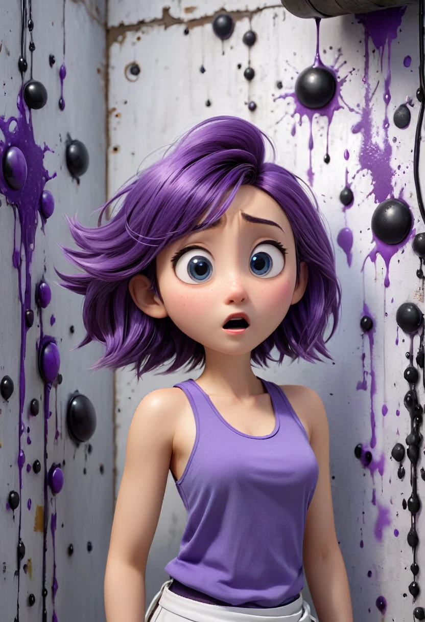 Une Japonaise de 14 ans, cheveux violet, collier bleu, Grey tank top, terrified, stuck to the wall with super-strong black glue in an abandoned laboratory, style 3d pixar, (Best quality, 4k, 8k, high resolution, chef-d'artwork:1.2), ultra-detailed, (Realistic, photoRealistic, photo-Realistic:1.37), portraits, Des couleurs vives, studio lighting