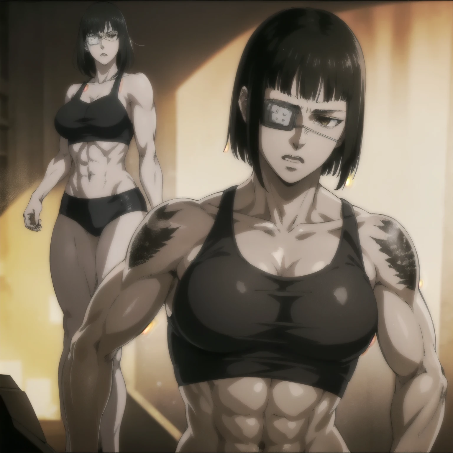 (best quality,ultra-detailed,realistic:1.37), military, muscular girl with sculpted body wearing a tank top, beautiful tattoo on girl's shoulder, full review of the female character's face and body, intense expression, strong and confident posture, studio lighting, vivid colors, physiologically-based rendering, grungy texture, rugged background, dust particles in the air, commanding presence, professional, powerful, gritty aesthetics,six-pack,Valmet with her muscles body,eye patch,short hair,