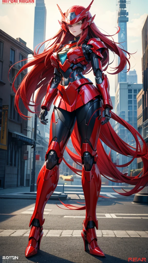 long red hair,Female mecha,Large female robot , Red full body sci-fi fluorescent armor,helmet ,chest,female body,Mechanical joints,wing,Iron skirt,thigh, High heel, Standing,front,City(masterpiece, best quality, high quality, High resolution, Extremely detailed),