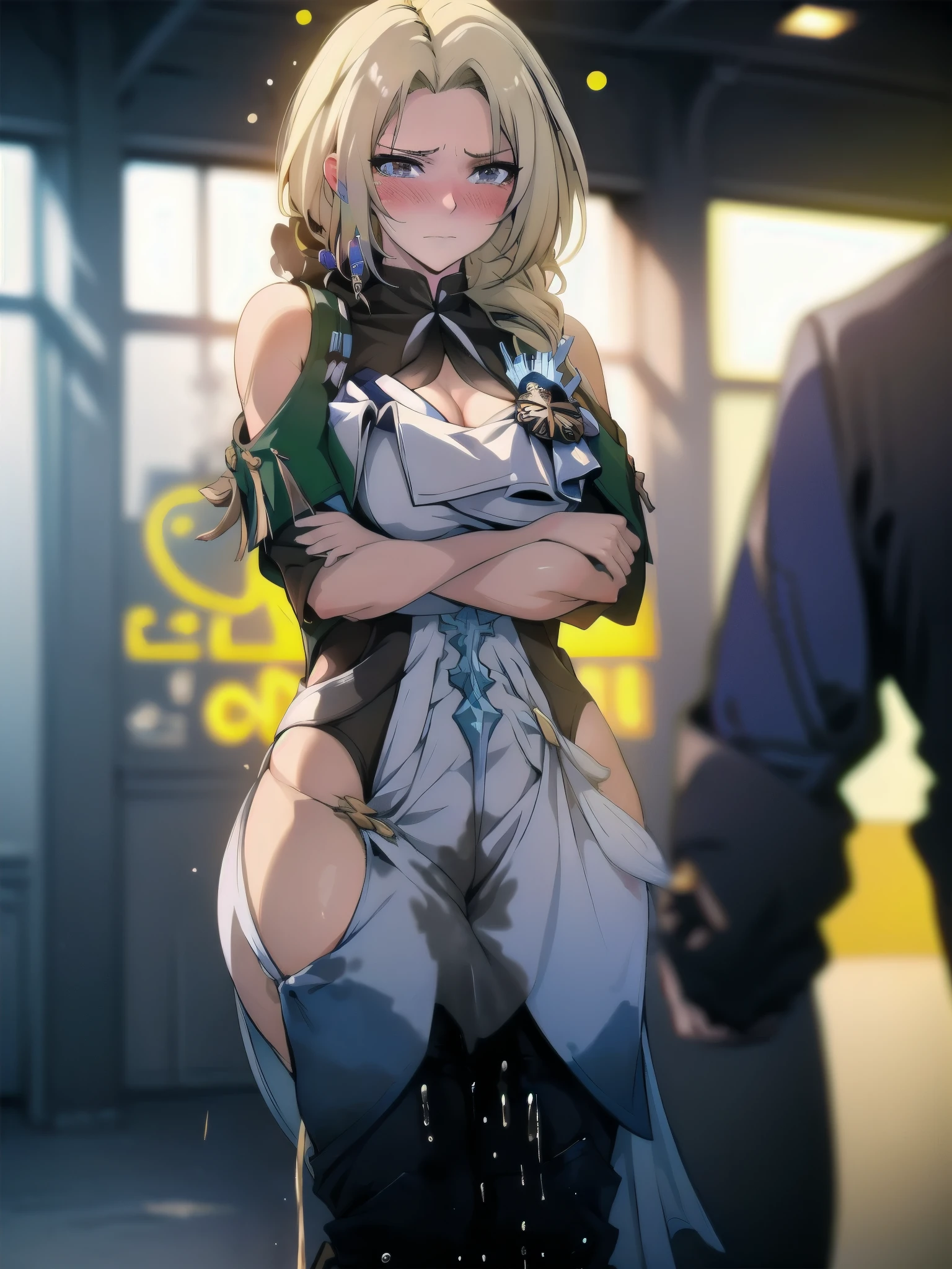 (highest quality:1.37), (masterpiece:1.37), HDR, physically-based rendering, bokeh, (cinematic lighting:1.37), CocoliaV5, standing. The artwork is inspired by manga and incorporates a doujin style. The woman appears to be (wetting herself:1.5), which causes her to feel embarrassed and humiliated, resulting in a blush on her face. In addition, there is an air of anger in her expression. The lighting in the scene is moody, with a spotlight highlighting the woman's figure, her arms are crossed (arms crossed:1.5), (crossing arms:1.5), pee stain, peeing stain on her (yoga pants)., large breasts, skinny