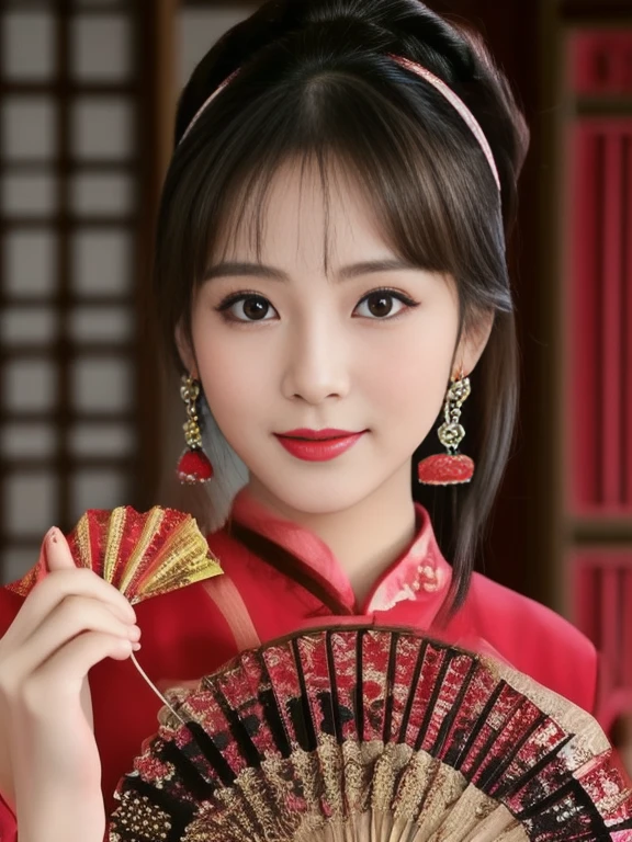 Asian woman in a red dress holding a fan, wearing a red Cheongsam, Cheongsam, Chinese style, Chinese dress, with ancient Chinese clothes, traditional chinese, traditional chinese clothing, Chinese girl, Chinese woman, สวมChinese dressโบราณ, Gorgeous Chinese model, traditional beauty, Chinese dress, with ancient Chinese aesthetics, Chinese princess, cute woman