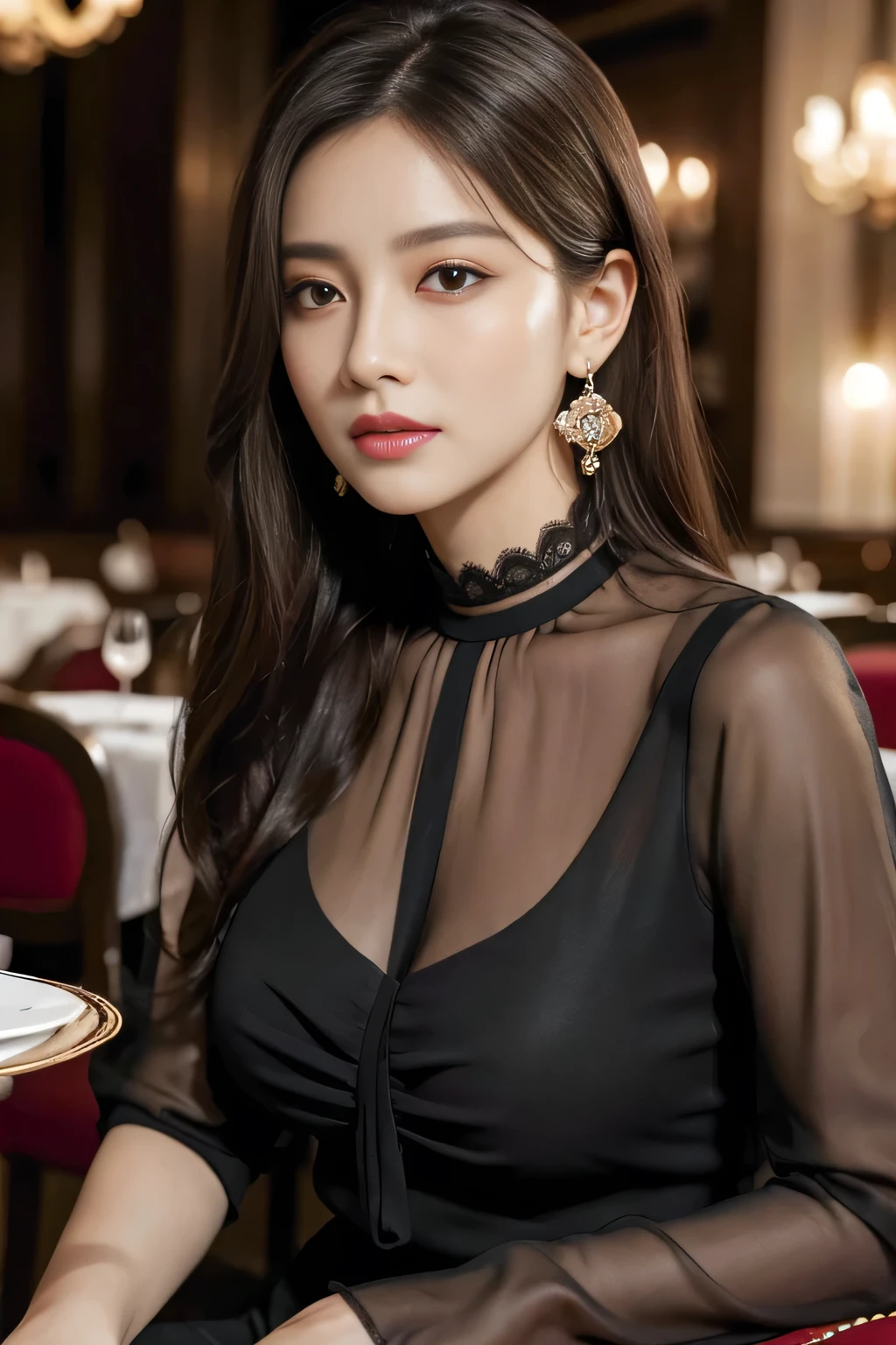 masterpiece, highest quality, Realistic, Very detailed, Finer details, High resolution, 8k wallpaper, One beautiful woman,Wear an elegant black see-through blouse, In a great restaurant, At night, Light brown messy hair, Perfect dynamic composition, Beautiful and beautiful eyes、Big earrings、Sitting in a chair、
