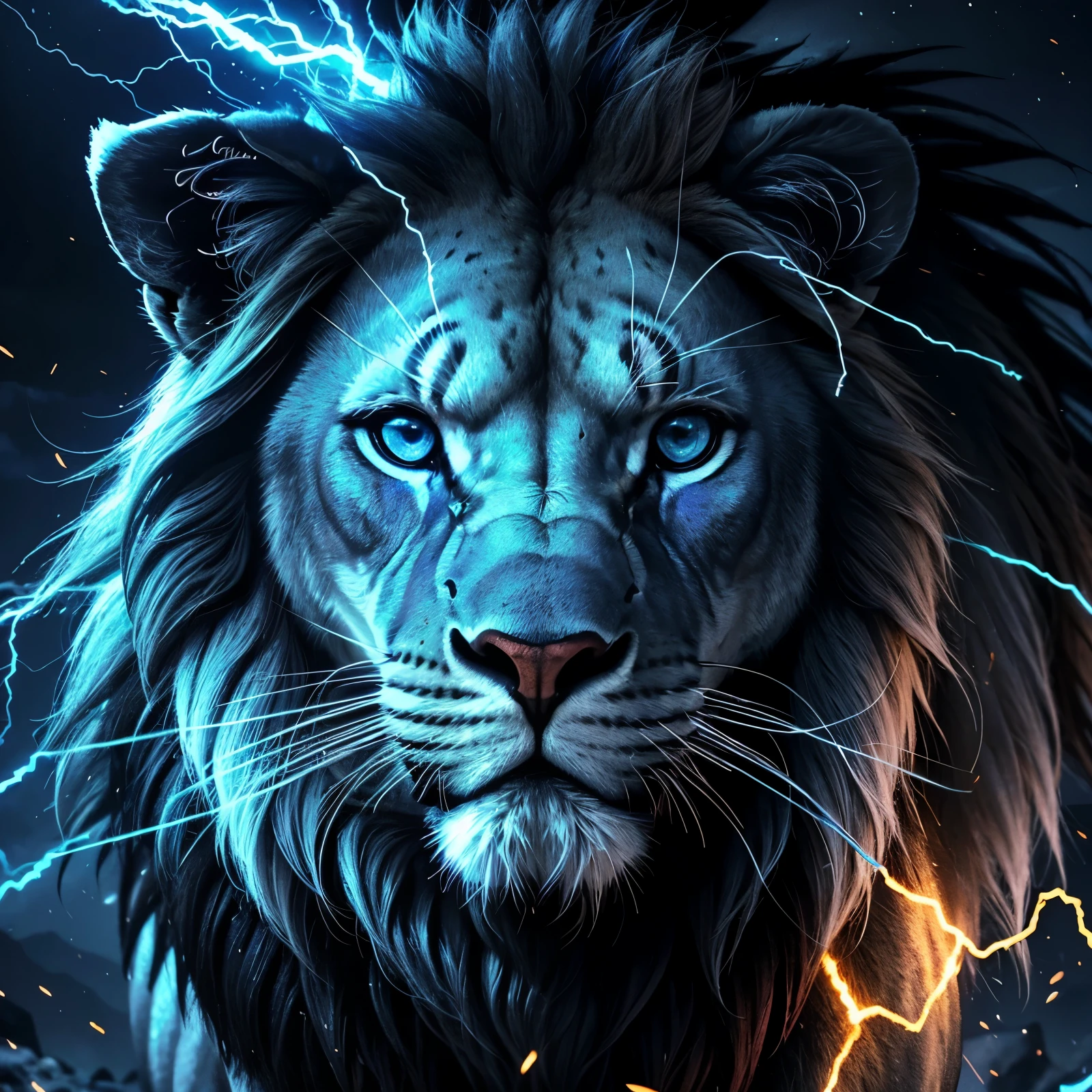 Lion, Divine Lion, naturais, Blue Thunder, Realistic Lion, King, Detailed Realistic, Detailed Realistic 16K, Eletricidade Detalhada 8K, texturas Realistas 8K, Cores Fotorrealista 8K, Blue Fire, Detailed Realistic Fire Bolt, Black and Blue Power, Power Thunder, Divine Realistic, Natureza, Linda, Rendering, Fotorrealista, UltraHigh definition, 4K, texturasdetalhadas, thunder, sombras detalhadas, cores detalhadas, Azul Neon, Blue Light, Raios, Blue power, Natureza Linda, Grande Divino, Blue Light, Blue Thunders, Coroa Rei, Thunder Bolt, Bolt eletric Power, Detailed Realistic Black and Blue Lights, Detailed Realistic Lion 16K, Detailed Realistic Fire Power, Detailed Realistic Divine Lion, Detailed Realistic Face 8K, Nitidez Ultra Realista 16K, Texturas Ultra Detalhadas 8K, Natural Detailed Realistic 8K, Night, Night Sky, contraste detalhado, Contraste realista, high resolution, cores detalhadas, fogo, eletricidade, divina criatura, 8k, Realista detalhado, 16K, 8k, High definition, contraste detalhado, Contraste realista, high resolution, cores detalhadas, fogo, eletricidade, divina criatura, 8k, Realista detalhado, elegante,