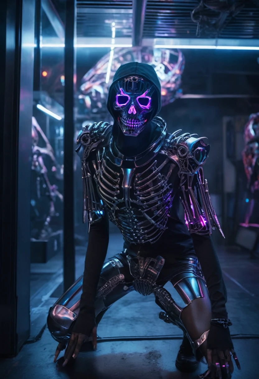 a fashion model wearing a futuristic exo-skeleton mask, vibrant colors, teenage aesthetic, highly detailed, cinematic lighting, 8k, hyper-realistic, photorealistic, dramatic pose, moody atmosphere, intricate mechanical details, glowing neon accents, metallic textures, sharp focus, studio lighting, dynamic composition