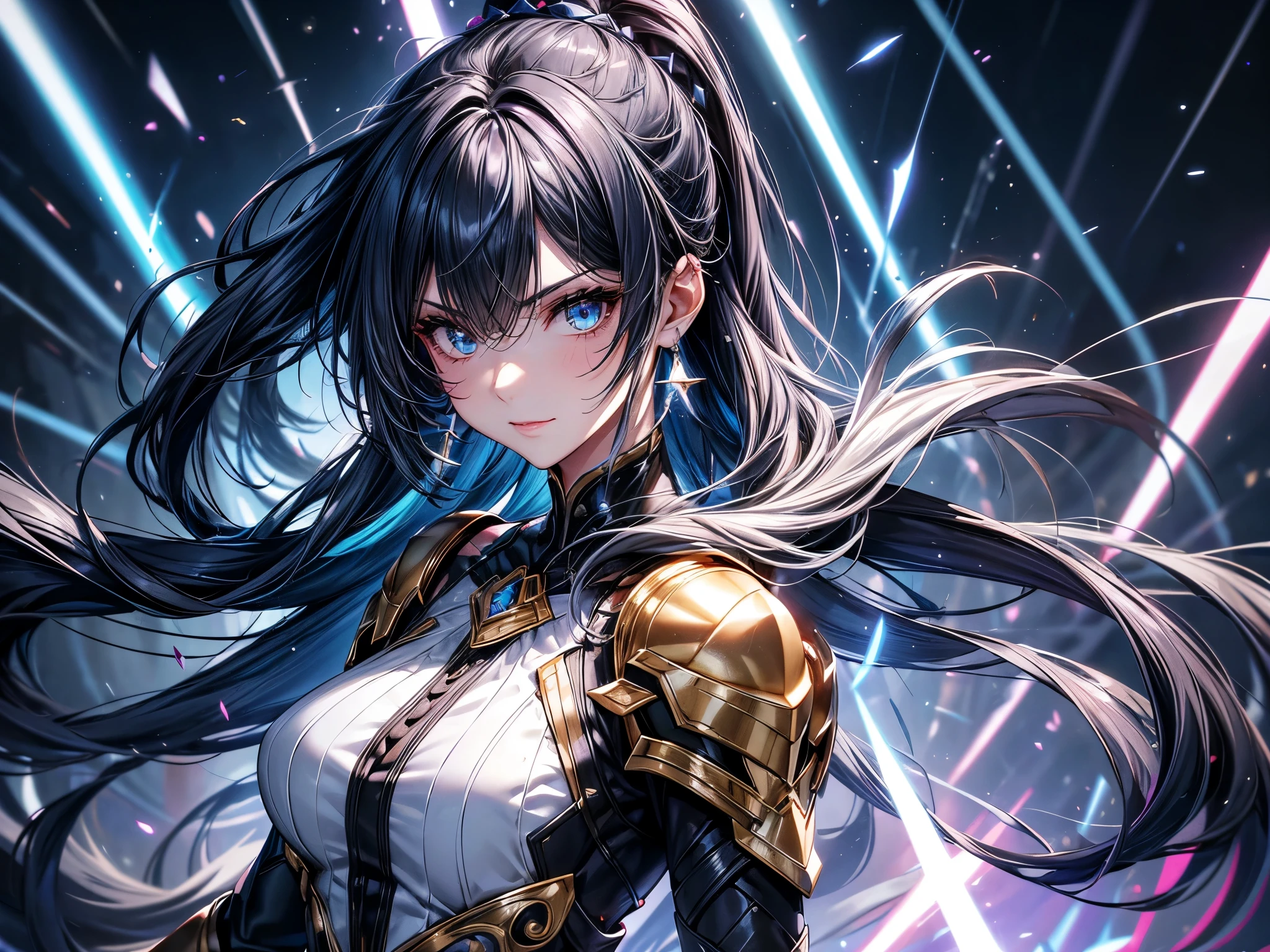 a mature woman, Confident, mighty and strong, (black blue hair streaked sky blue luminous hair), Extra long high ponytail with single side ear front hair combed in back, floating hair, hair strand, shiny hair, blue amber eyes, pupils sparkling, aqua eyes, glowing eyes, pupils sparkling, upturned eyes, long upper eyelashes, double eyelids, deep red purple lips, white crystal earrings, a slight smile, Glowing clothing effect, Silver full body armor, Exquisite black and gold twin color pattern on silver armor, (Right hand holds a silver spear with lightning), (The left forearm is surrounded by fire and lightning), (A huge upright lightning ring totem floats behind the shoulders), She is a war goddess, Random pose, Random expressions, Random background, White light surrounding the body, god rays, anime, UHD, masterpiece, award winning, 8k, super detail, best quality, retina, ccurate, super textured skin, super detail face, perfect face, Super fine facial details, beautiful and delicate eyes, perfect eyes, anatomically correct, correct limbs, correct figner, super detail figner, best hair quality, best clothing quality, best prop quality, best totem detail and quality, complex totem detail