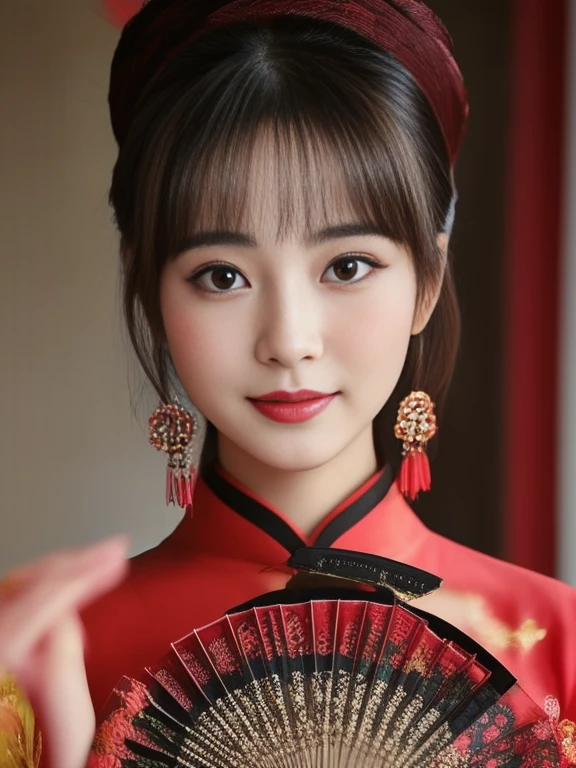 Asian woman in a red dress holding a fan, wearing a red Cheongsam, Cheongsam, Chinese style, Chinese dress, with ancient Chinese clothes, traditional chinese, traditional chinese clothing, Chinese girl, Chinese woman, สวมChinese dressโบราณ, Gorgeous Chinese model, traditional beauty, Chinese dress, with ancient Chinese aesthetics, Chinese princess, cute woman