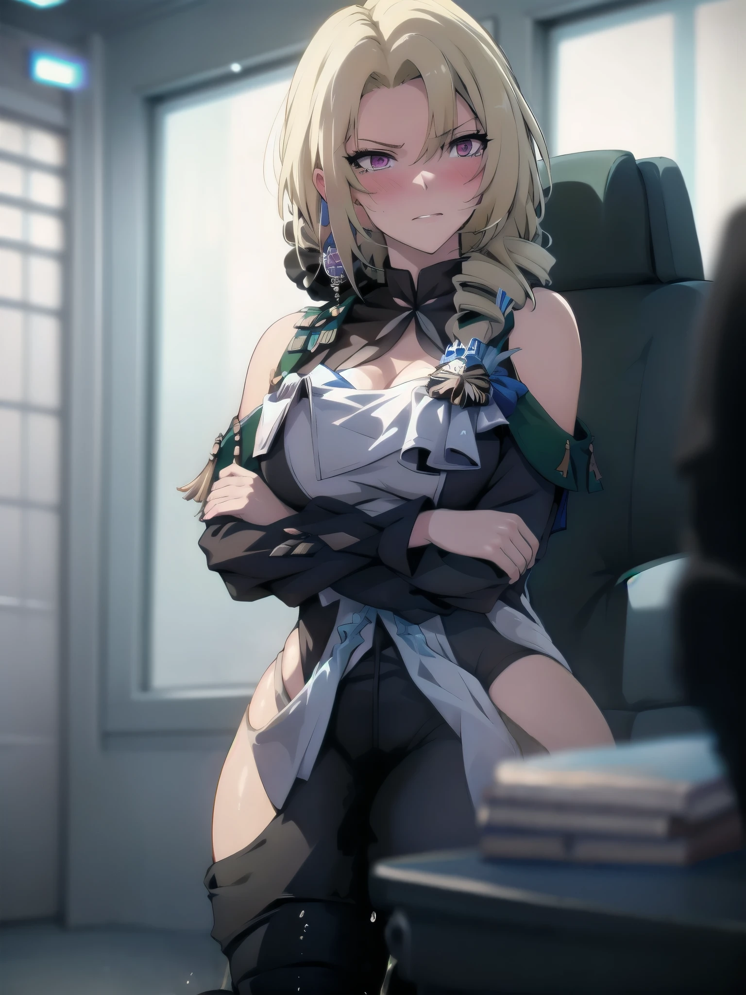 (highest quality:1.37), (masterpiece:1.37), HDR, physically-based rendering, bokeh, (cinematic lighting:1.37), CocoliaV5, standing. The artwork is inspired by manga and incorporates a doujin style. The woman appears to be (wetting herself:1.5), which causes her to feel embarrassed and humiliated, resulting in a blush on her face. In addition, there is an air of anger in her expression. The lighting in the scene is moody, with a spotlight highlighting the woman's figure, her arms are crossed (arms crossed:1.5), (crossing arms:1.5), pee stain, peeing stain on her (yoga pants)., large breasts, skinny