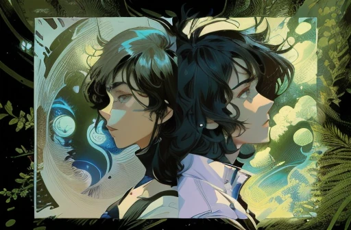 there are two people that are looking at something in the picture, colored screentone, digitally colored, fantasy graphic novel style, stylised comic art, colored sketch anime manga panel, stylised graphic novel, colored manga panel, colored illustration, fan art, animation film still, fanart, colored sketch, animation still, drawn with photoshop, profile shot, coloured comic