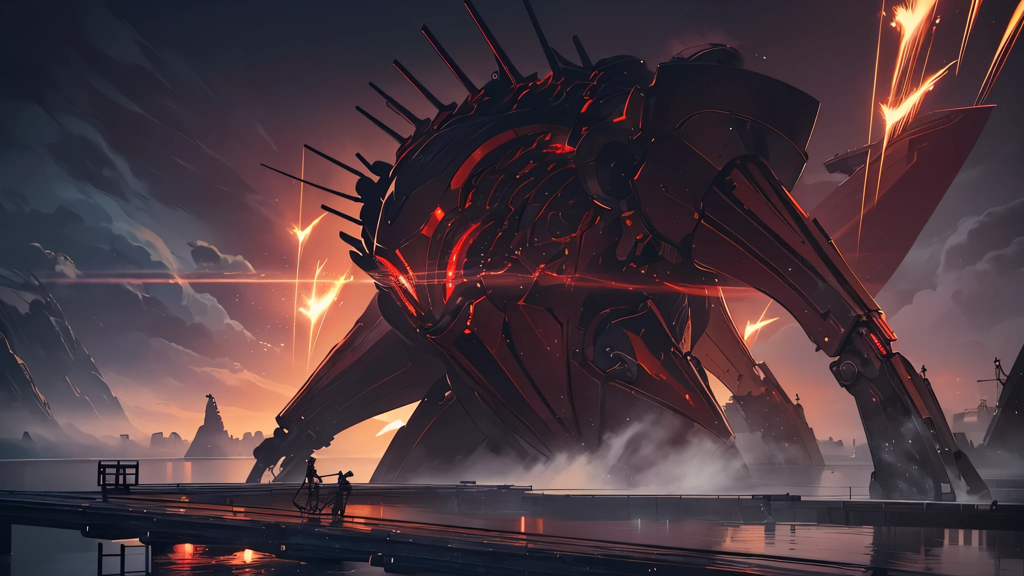 ((8K resolution))、((highest quality))、((masterpiece))、((Very detailed))((((dramatic))), (Anatomically correct)、The depth of the object to write、Looking at the camera、front、(Giant、Mechanical bones格、Mechanical boneechanical Cervical Vertebra、Red light turbine core、Sparks fly、Bloody)、spooky、an ominous、((theme、whole body:1.1)), SF、Biomechanics、Design、background:Maintenance Dock