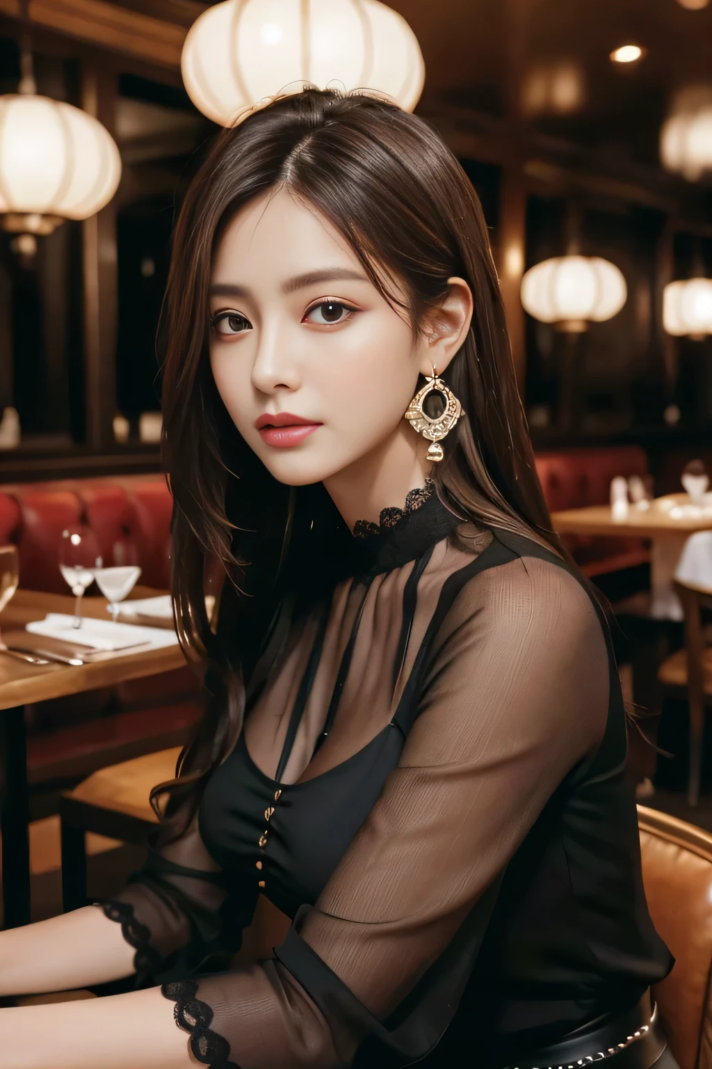 masterpiece, highest quality, Realistic, Very detailed, Finer details, High resolution, 8k wallpaper, One beautiful woman,ereganntona Wearing a black see-through blouse, In a great restaurant, At night, Light brown messy hair, Perfect dynamic composition, Beautiful and beautiful eyes、Big earrings、Sitting in a chair、