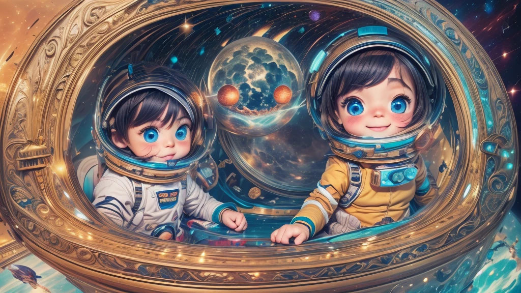 Cartoon illustration of a boy and a girl in space with cat, official fan art, in space, kitten in outer space, in outer space, in deep space, in galaxies, deep space exploration!!!, space travel, wearing in stars and planets, outer space, outer space, starry sky in space, in space, official art, space, on a spaceship, colorful, cute, more detailed, light, more realistic, cartoon