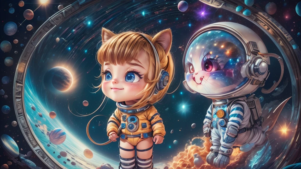 Cartoon illustration of a boy and a girl in space with cat, official fan art, in space, kitten in outer space, in outer space, in deep space, in galaxies, deep space exploration!!!, space travel, wearing in stars and planets, outer space, outer space, starry sky in space, in space, official art, space, on a spaceship, colorful, cute, more detailed, light, more realistic, cartoon
