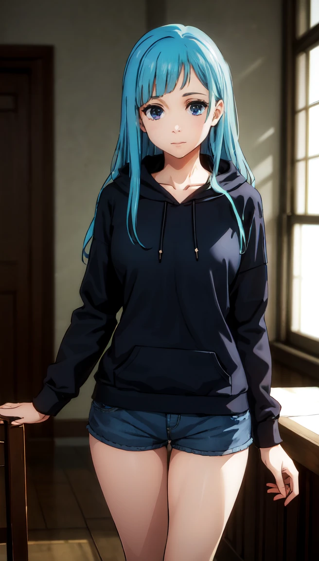 photorealistic, (4k), depth of field, (Masterpiece), (realistic skin texture), extremely detailed, intricate, hyper detailed, professional photography, bokeh, high resolution, sharp detail, best quality, girl, long hair, aqua hair, blunt bangs, blue eyes, dynamic pose, black baggy graphic hoodie, dolfine shorts, booty shorts, beautiful thighs, indoors, (facing viewer), looking at viewers, large breasts,kasumi, miwa, kasumi miwa,, mouth slightly open, smiling, hourglass shape, black hoodie, 3\4 body shot, hands in between thighs, long sleeve, leaning forward,, thick heavy hoodie, standing in bedroom, (head on shot)