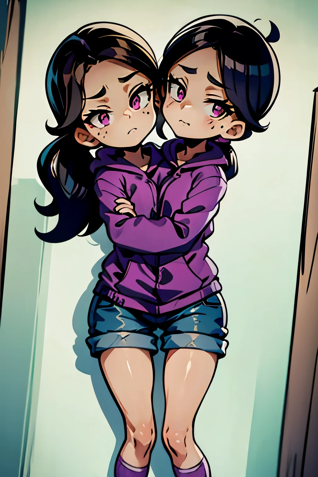 conjoined, 2heads, girl with two heads instead of one, 2head, cuerpo curvilineo, brazos curvilineos, usando shorts, ropa abrigada, piernas curvilineas, anime cartoon, using a purple hoodie, each head has a ponytail, anatomia proporcionada, torso ancho, pechos medianos