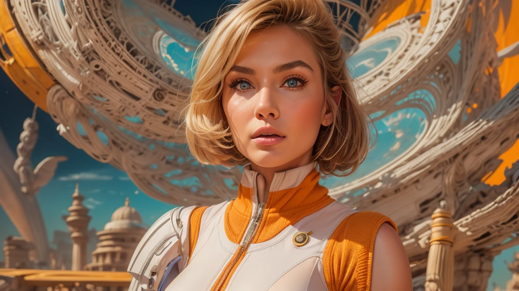 arafed image of a white woman in a futuristic suit with a spaceship in the background, movie art, in front of an orange background, inspired by Robert McGinnis, female protagonist, megastructure in the background, portrait of an ai astronaut, astronauts, an astronaut, portrait of a astronaut skeletor, perfect android girl, detailed eyes, perfectly detailed teeth, frank franzzeta and sakimichan  