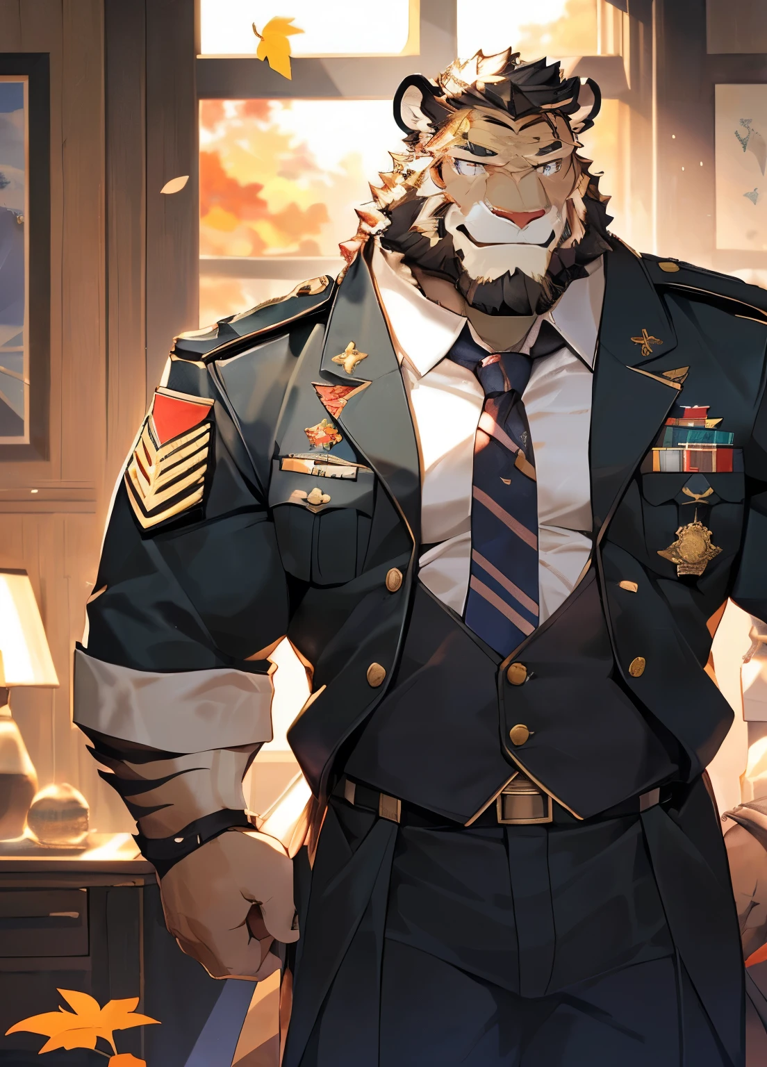 (masterpiece),(Very detailed),(best quality),hairy,Tiger Orc,Fur with some golden hairs,Golden pupils,black beard,muscular,(military uniform:1.2),((black:1.3,tie:1.4)),(((unbutton your clothes))),(((Smile))),(Warm and cheerful:1.1),(In the bedroom,Fallen leaves drift in from the window,ground,躺在ground上),(Very detailed),8K,(super high quality)