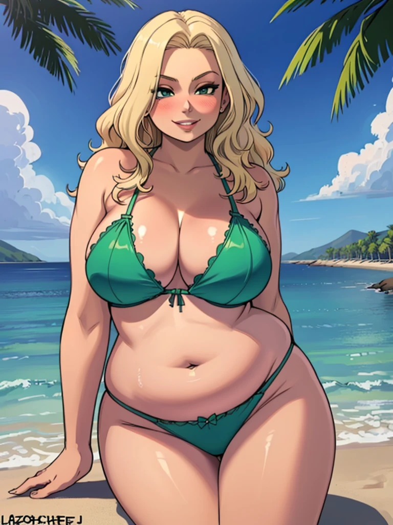 high_aesthetic,art by Lazorchef, ((Masterpiece, best quality, perfect lighting, amazing shading)), perfect anatomy, field of depth, extremely beautiful, long blonde hair, wavy hair, green bikini, cute smile, ((plump)), (cleavage), blushing, beach background, detailed background