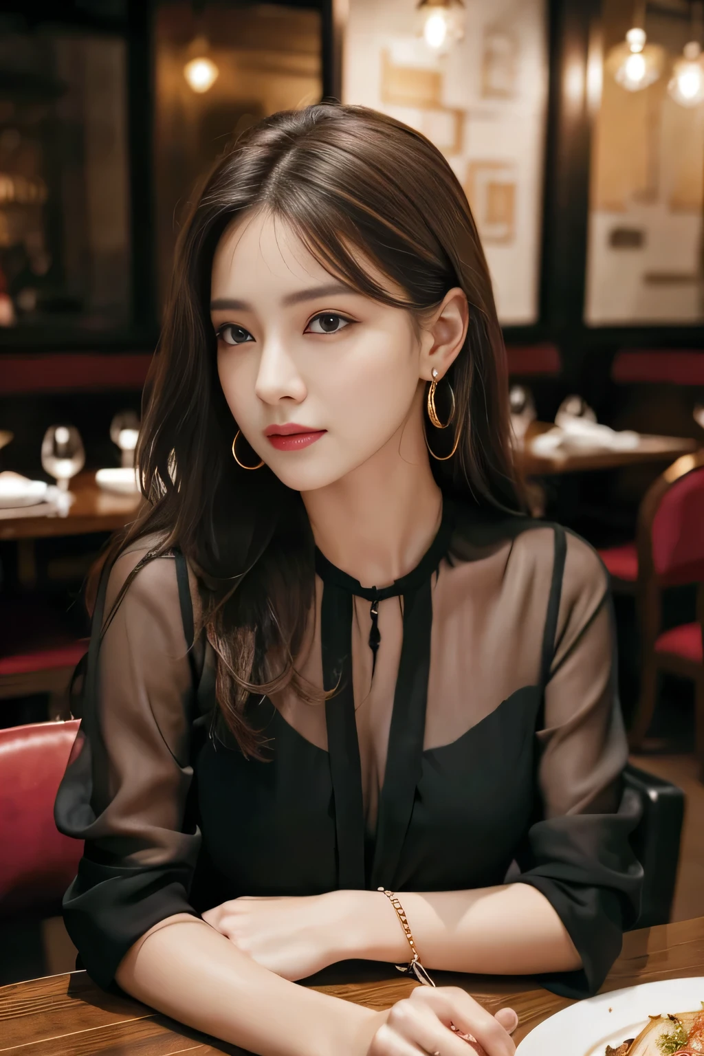masterpiece, highest quality, Realistic, Very detailed, Finer details, High resolution, 8k wallpaper, One beautiful woman, Wear a black see-through blouse, In a great restaurant, At night, Light brown messy hair, Perfect dynamic composition, Beautiful and beautiful eyes、Big earrings、Sitting in a chair、
