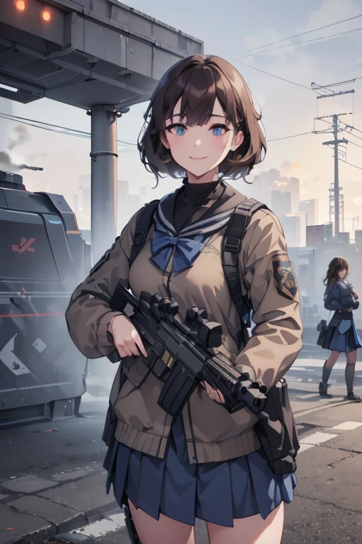 ({Very Aesthetic}, {Very Detailed}, {Very Real}, ,1 Cute Girl, from front, brown hair, semiLong Hair, Handsome Face, Delicate Eyes, (school uniform),Delicate Body, smile, (blue skirt),Hold a machine gun, Battlefield city with smoke rising,sensei,tooimage, cyberpunk, futuristic city