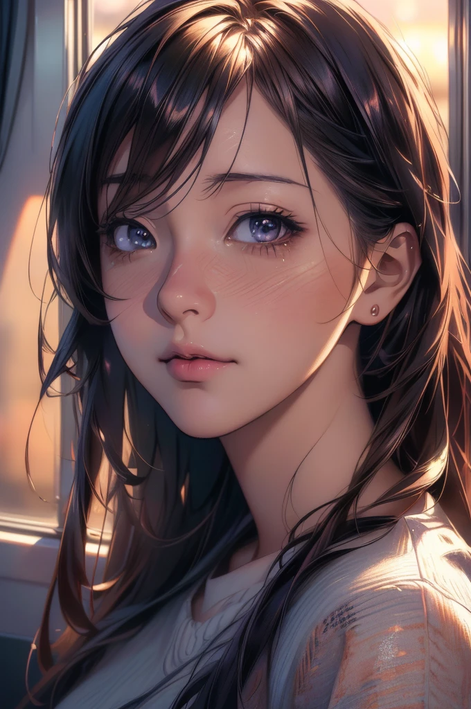 1girl on a train looking out the window, detailed anime portrait, lofi portrait at a window, beautiful anime girl, lofi portrait, lofi girl, anime girl portrait, gwyneth poe style artwork, high quality portrait, sunset, charming anime girl, cute anime girl, realistic cute girl illustration, anime style, (best quality,4k,8k,highres,masterpiece:1.2),ultra-detailed,(realistic,photorealistic,photo-realistic:1.37),HDR,UHD,studio lighting,ultra-fine painting,sharp focus,physically-based rendering,extreme detail description,professional,vivid colors,bokeh