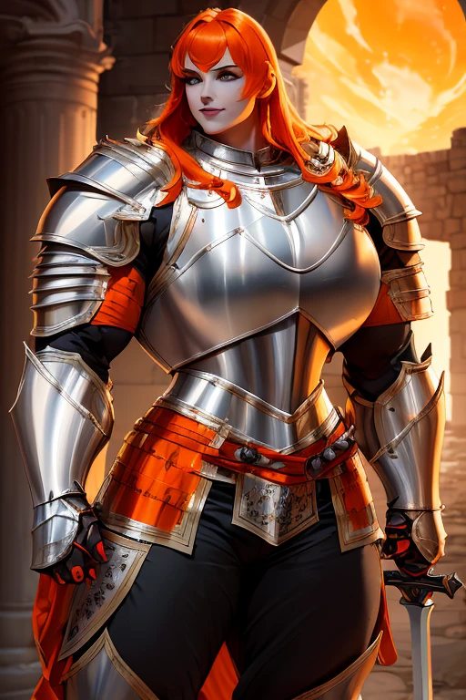 ((((Massive, tall, beautiful, buff, muscular pale white skinned female knight with orange hair, black lipstick, ginormous bulky muscles, holding a sword and shield and wearing an all orange gleaming knight armor with hauberk and pants)))), {close view}, black eyeliner, massive muscles, massive biceps, hyper muscle triceps, (long shaggy hair), green eyes, knight boots, In a castle, hauberk, orange steel knight armor, armor breastplate, nighttime, confident smile, hyper muscles arms, hyper muscle legs, ginormous arms