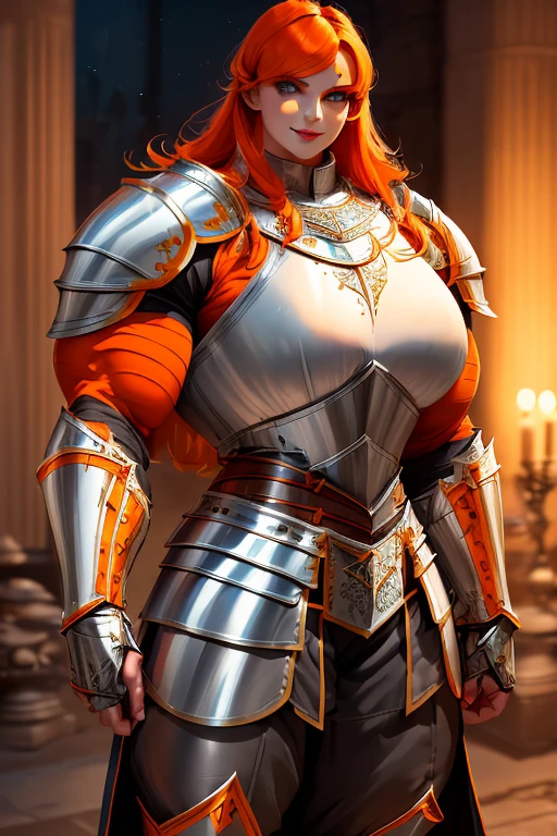 ((((Massive, tall, beautiful, buff, muscular pale white skinned female knight with orange hair, black lipstick, ginormous bulky muscles, holding a sword and shield and wearing an all orange gleaming knight armor with hauberk and pants)))), {close view}, black eyeliner, massive muscles, massive biceps, hyper muscle triceps, (long shaggy hair), green eyes, knight boots, In a castle, hauberk, orange steel knight armor, armor breastplate, nighttime, confident smile, hyper muscles arms, hyper muscle legs, ginormous arms