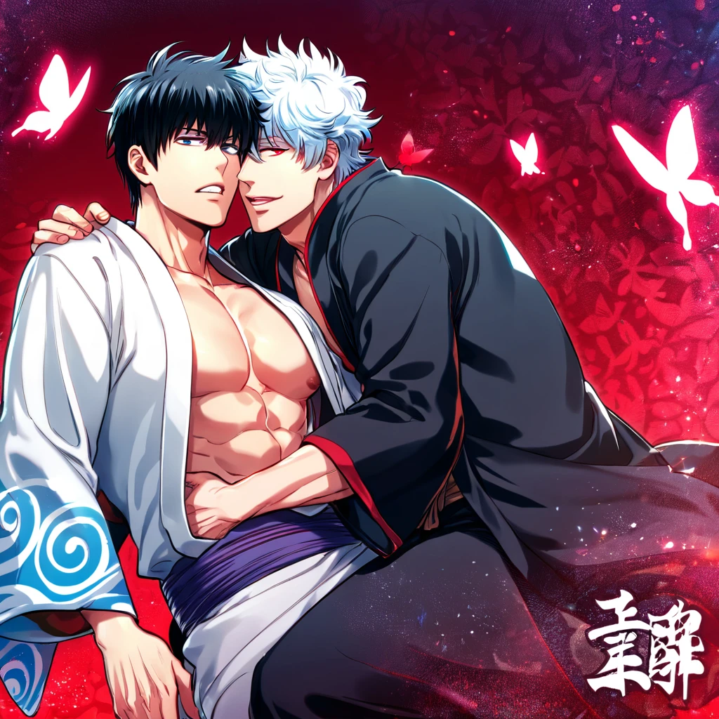 absurdres, highres, ultra detailed, HDR, master piece, best quality, perfect face, Sakata Gintoki, white hair, expressive red eyes, Gintama, Hijikata Toshiro, black hair, expressive dark blue eyes, two men together, gay couple, yaoi, handsome, toned chest, white kimono, black kimono, patterns, magical, fantasy, red background, red lotus, shining, red petals, red glittering butterflies