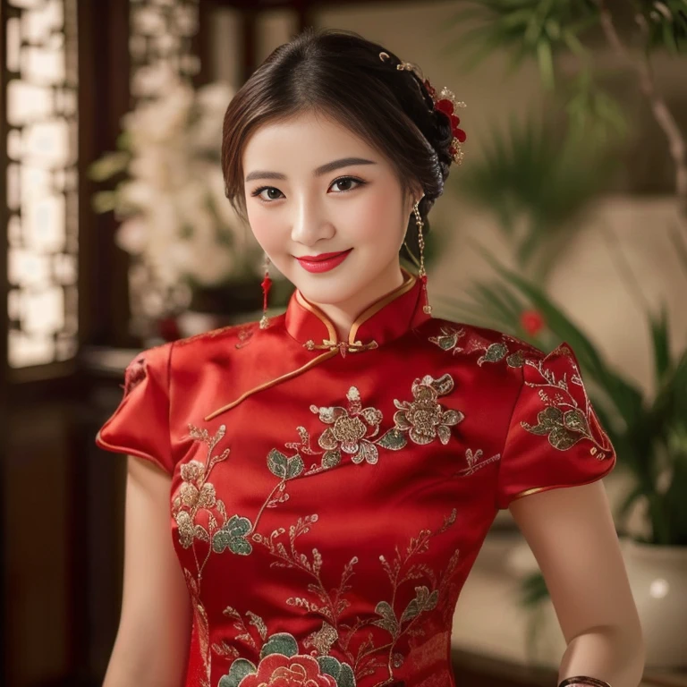 Close-up of woman in red dress posing for photo, Chinese dress, Cheongsam, wearing a red Cheongsam, Chinese style, traditional chinese, traditional chinese clothing, Chinese girl, Chinese woman, Chinese dress, with ancient Chinese clothes, Gorgeous Chinese model, cute woman, Wear beautiful clothes., traditional beauty, Wear gorgeous clothes.