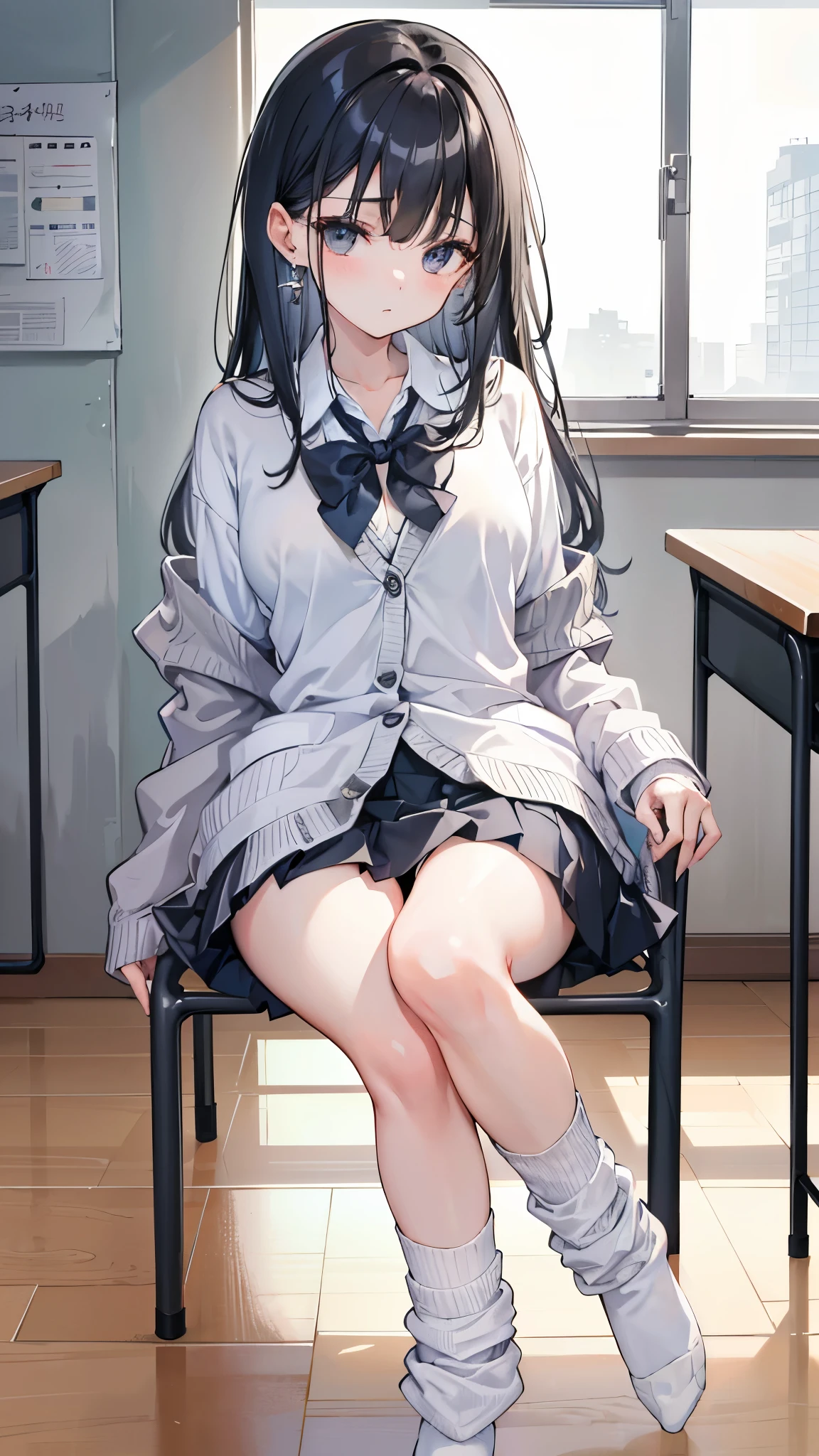 (8k、Best image quality、highest quality、masterpiece)、Detailed face、One girl、Black Hair、Long Hair、Diagonal bangs、Earrings、Grey Eyes、Expressionless、Large Breasts、((White collared shirt))、((cardigan))、((Open neck))、cleavage、((Black pleated skirt))、((micro miniskirt))、((white buggysocks))、loafers、((Crossing your legs))、Sit on a chair、Classroom Background
