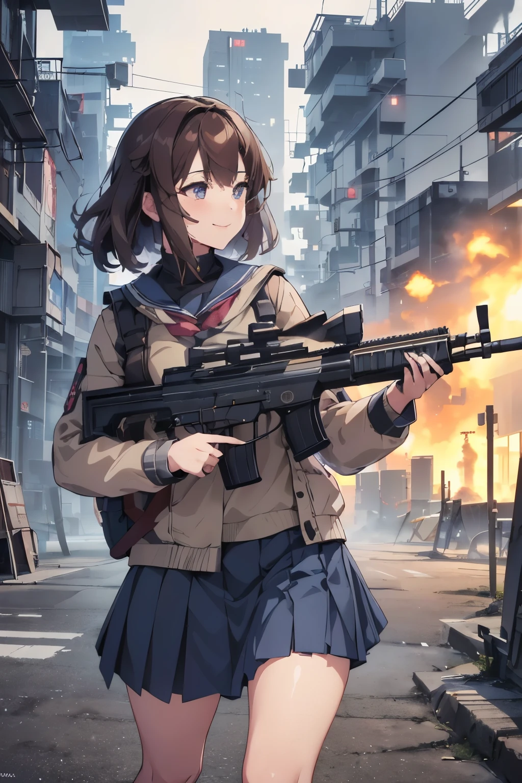 ({Very Aesthetic}, {Very Detailed}, {Very Real}, ,1 Cute Girl, from front, brown hair, semiLong Hair, Handsome Face, Delicate Eyes, (school uniform),Delicate Body, smile, (blue skirt),Hold a machine gun, Battlefield city with smoke rising,sensei,tooimage, cyberpunk, futuristic city