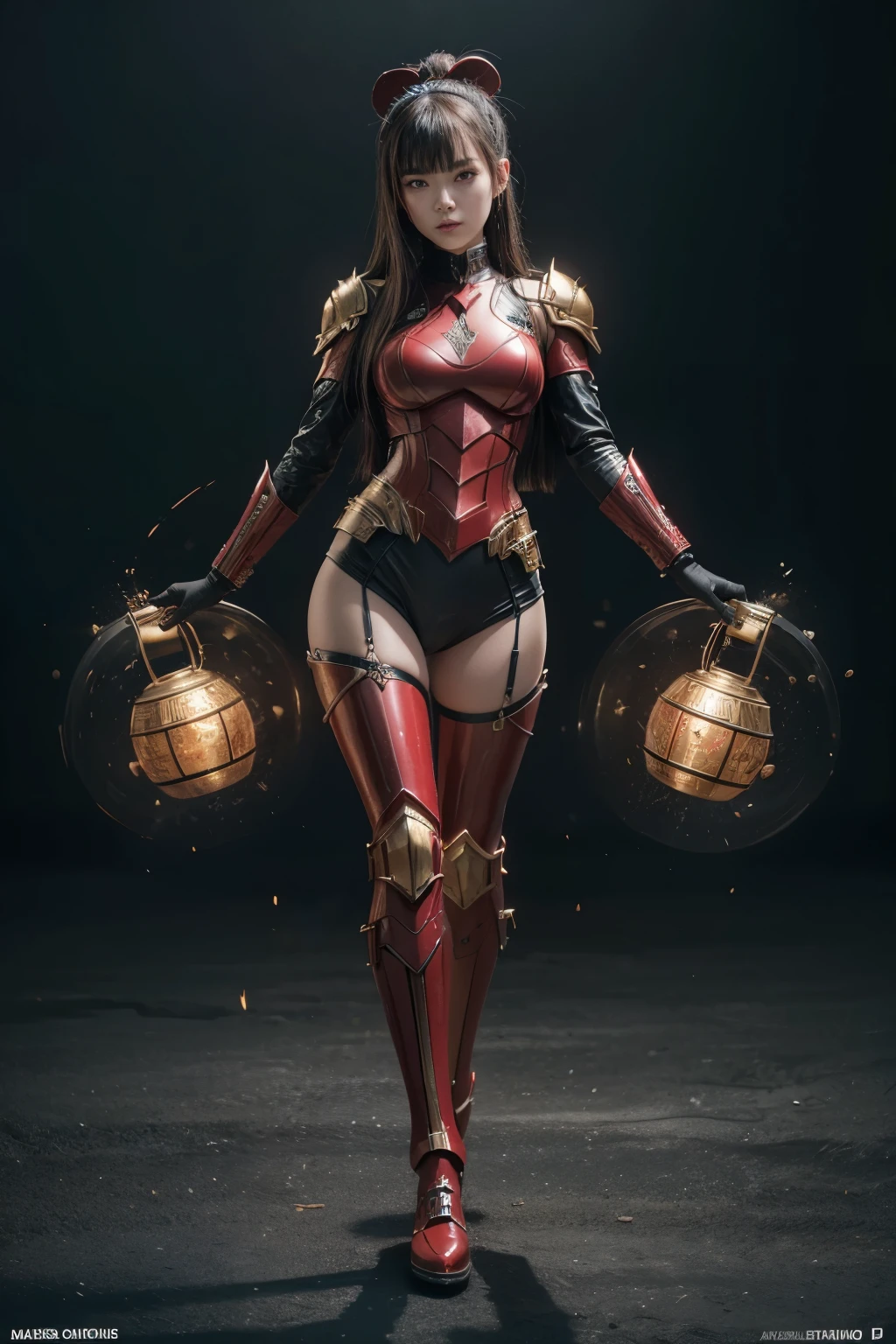 (high quality), (masterpiece), (detailed), 8K, Hyper-realistic portrayal of a futuristic (1girl1.2), Japanese character surrounded by red Metallic armor, full body suit, detail body red iron, detail breast skin white, detail thight skin, red Metallic iron shoes. Meticulous details capture the dynamic fusion of tradition and innovation in this visually stunning composition. Trending on Artstation.