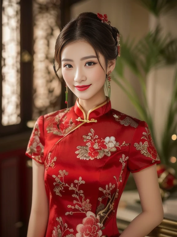 Close-up of woman in red dress posing for photo, Chinese dress, Cheongsam, wearing a red Cheongsam, Chinese style, traditional chinese, traditional chinese clothing, Chinese girl, Chinese woman, Chinese dress, with ancient Chinese clothes, Gorgeous Chinese model, cute woman, Wear beautiful clothes., traditional beauty, Wear gorgeous clothes.