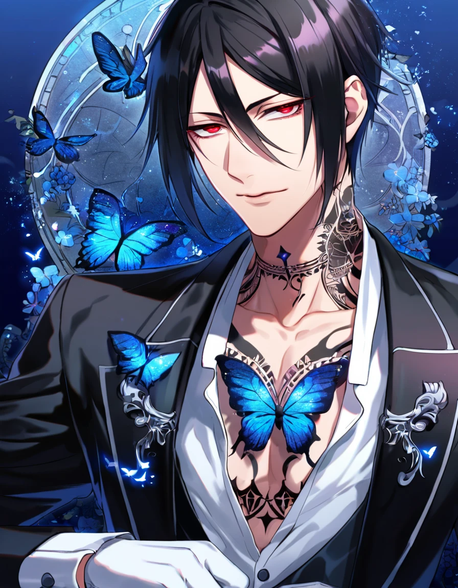 Ultra detailed, Highres, absurdres, HDR, Sebastian Michaelis, black hair, expressive red eyes, black coat with patterns, Kuroshitsuji, blue flowers, petals, handsome, sexy man, solo, very detailed eyes and face, glittering blue butterflies, master piece, toned chest, glittering, fantasy, cross, tattoo on his neck, blue background, blue flames, Black Butler, black pants, white gloves,